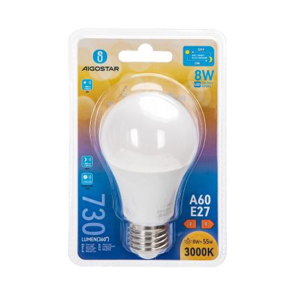 LED λαμπτήρας με αισθητήρα λυκόφωτος A60 E27/8W/230V 3000K - Aigostar