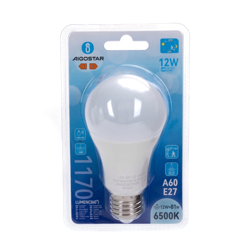 LED λαμπτήρας με αισθητήρα κίνησης και λυκόφωτος A60 E27/12W/230V 6500K - Aigostar
