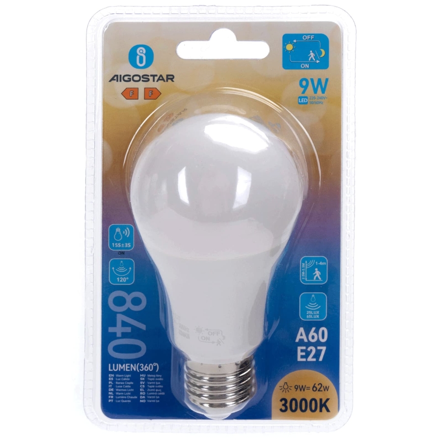 LED λαμπτήρας με αισθητήρα κίνησης και φωτός A60 E27/9W/230V 3000K - Aigostar