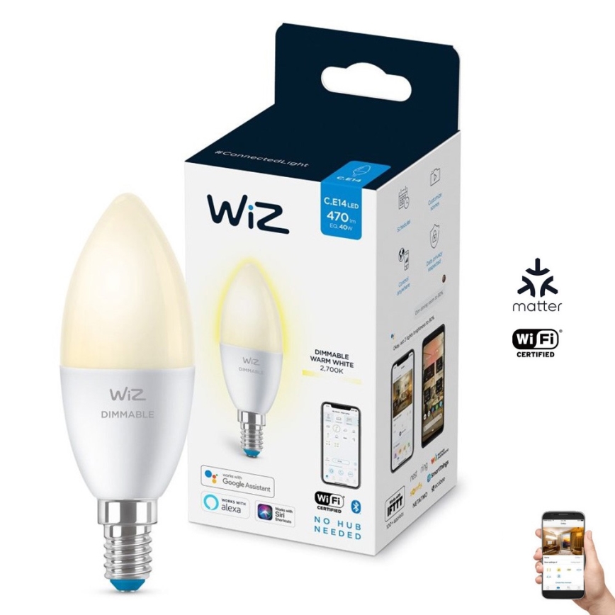 LED Dimmable λάμπα C37 E14/4,9W/230V 2700K CRI 90 Wi-Fi - WiZ