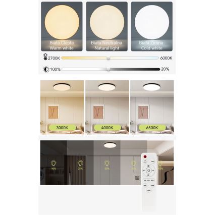 LED Dimmable φωτιστικό οροφής LED/50W/230V 3000-6500K διάμετρος 50 cm μαύρο + τηλεχειριστήριο