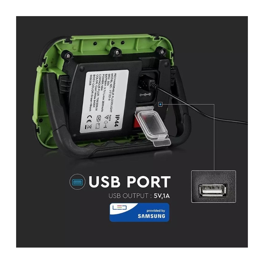 LED Dimming επαναφορτιζόμενο προβολέας SAMSUNG CHIP + λειτουργία SOS LED/10W/3,7V/USB IP44 4000K 3600 mAh πράσινο