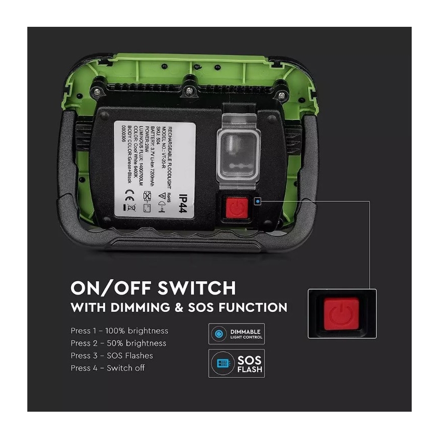 LED Dimming επαναφορτιζόμενο προβολέας SAMSUNG CHIP + λειτουργία SOS LED/20W/3,7V/USB IP44 4000K 7200 mAh πράσινο