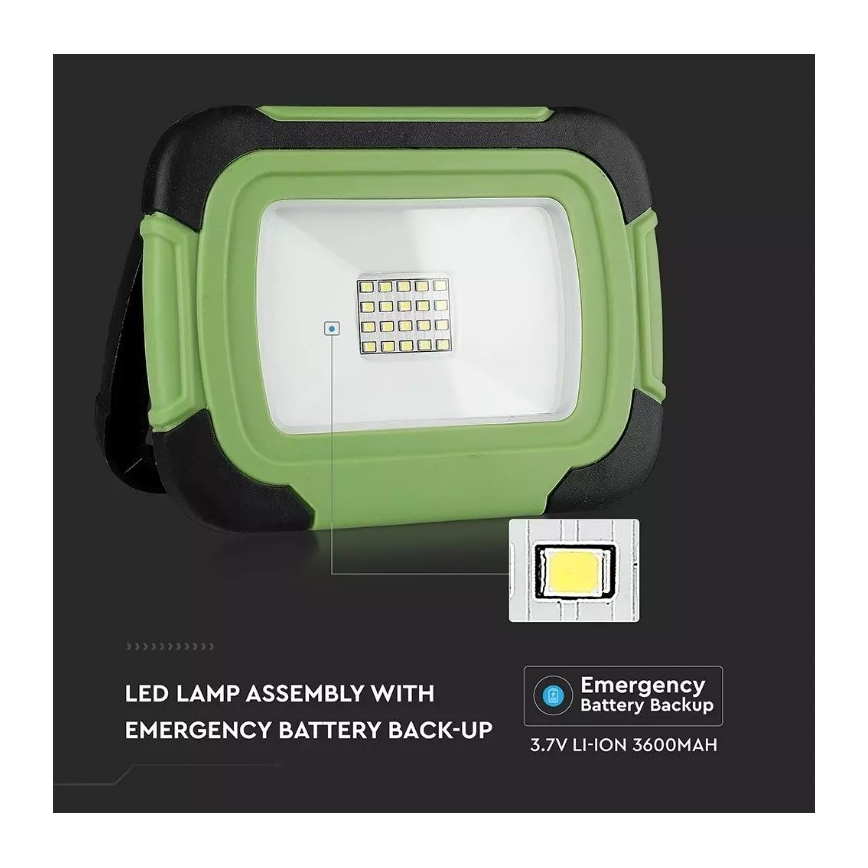 LED Dimming επαναφορτιζόμενο προβολέας SAMSUNG CHIP + λειτουργία SOS LED/10W/3,7V/USB IP44 4000K 3600 mAh πράσινο