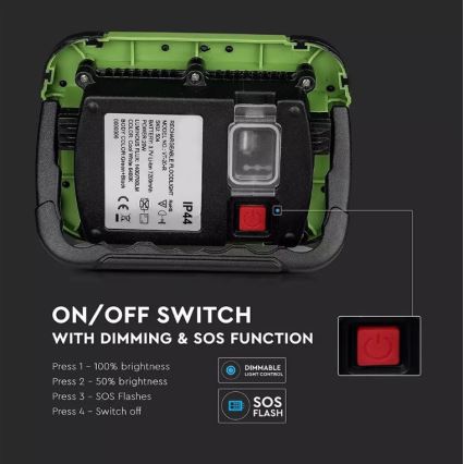 LED Dimming επαναφορτιζόμενο προβολέας SAMSUNG CHIP + λειτουργία SOS LED/10W/3,7V/USB IP44 4000K 3600 mAh πράσινο