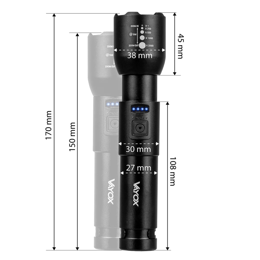 LED Dimming επαναφορτιζόμενο φακός LED/20W/5V IPX4 800 γυαλιστερό 2000 mAh