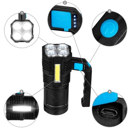LED Dimming επαναφορτιζόμενο φακός LED/5V IPX4 250 γυαλιστερό 1200 mAh