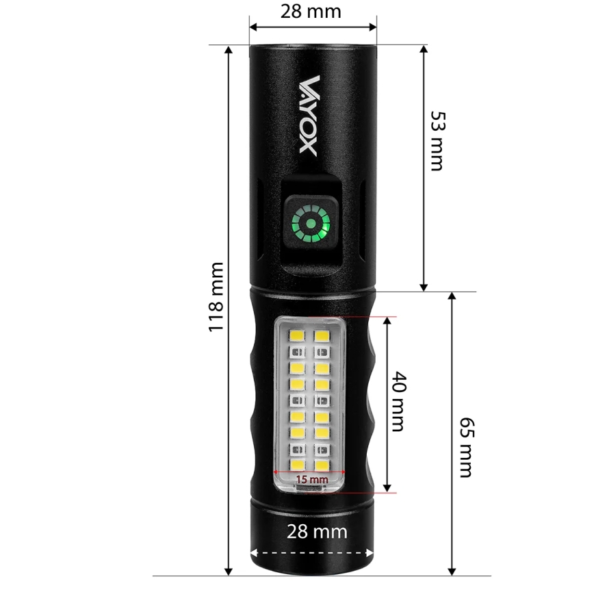LED Dimming επαναφορτιζόμενο φακός με ένα κόκκινο φωστικό LED/5W/5V IPX4 250 γυαλιστερό 2000 mAh