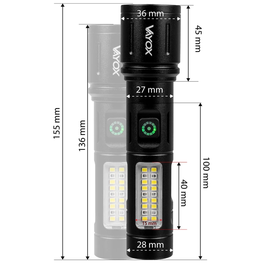 LED Dimming επαναφορτιζόμενο φακός με ένα κόκκινο φωστικό LED/5W/5V IPX4 260 γυαλιστερό 2000 mAh