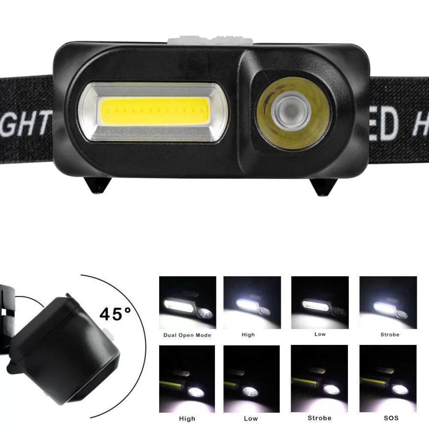 LED Dimming επαναφορτιζόμενο φακός κεφαλής 2xLED/5V IP44 210 γυαλιστερό 2000 mAh