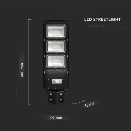 LED Ηλιακό φωτιστικό δρόμου με ρυθμιζόμενη ένταση φωτισμού και αισθητήρα κίνησης και λυκόφωτος LED/12W/3,2V 6000K IP65 10000 mAh μαύρο + τηλεχειριστήριο
