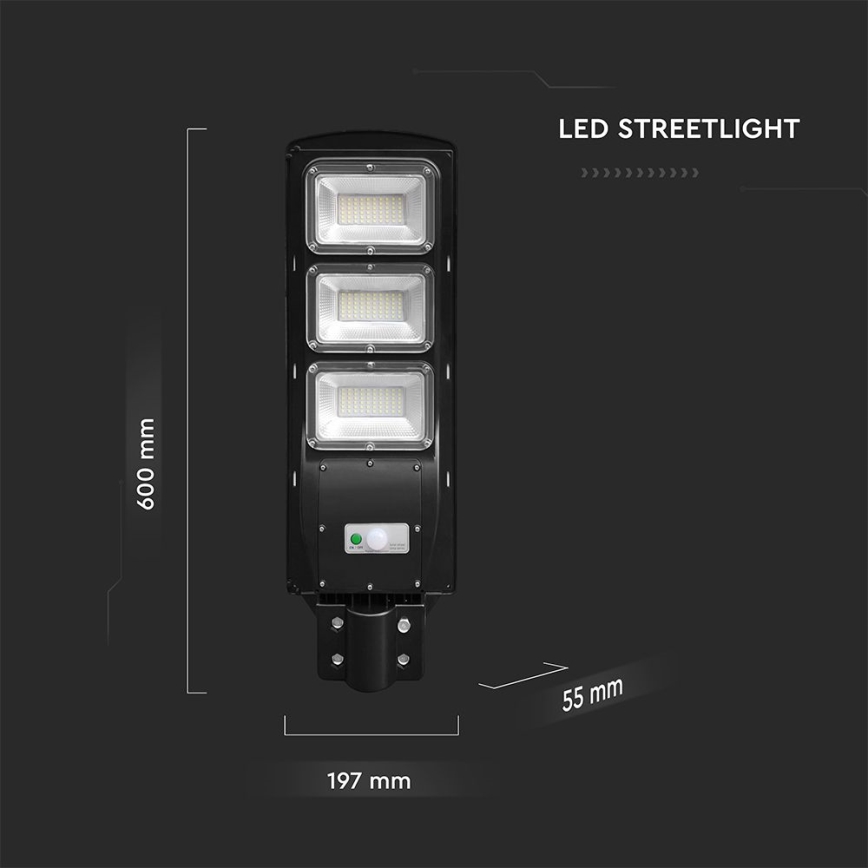LED Ηλιακό φωτιστικό δρόμου με ρυθμιζόμενη ένταση φωτισμού και αισθητήρα κίνησης και λυκόφωτος LED/12W/3,2V 6000K IP65 10000 mAh μαύρο + τηλεχειριστήριο