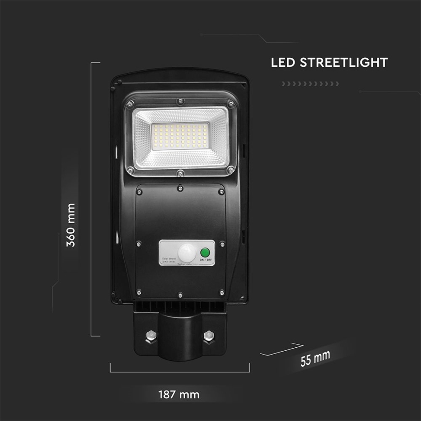 LED Ηλιακό φωτιστικό δρόμου με ρυθμιζόμενη ένταση φωτισμού και αισθητήρα κίνησης και λυκόφωτος LED/6W/3,2V 6000K IP65 5000 mAh μαύρο + τηλεχειριστήριο