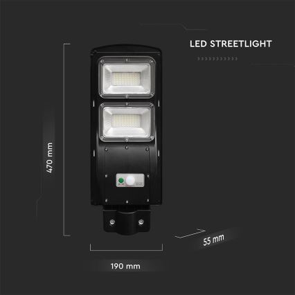 LED Ηλιακό φωτιστικό δρόμου με ρυθμιζόμενη ένταση φωτισμού και αισθητήρα κίνησης και λυκόφωτος LED/8W/3,2V 6000K IP65 9000 mAh μαύρο + τηλεχειριστήριο