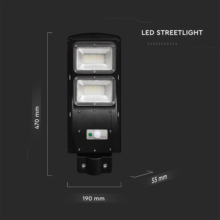 LED Ηλιακό φωτιστικό δρόμου με ρυθμιζόμενη ένταση φωτισμού και αισθητήρα κίνησης και λυκόφωτος LED/8W/3,2V 6000K IP65 9000 mAh μαύρο + τηλεχειριστήριο