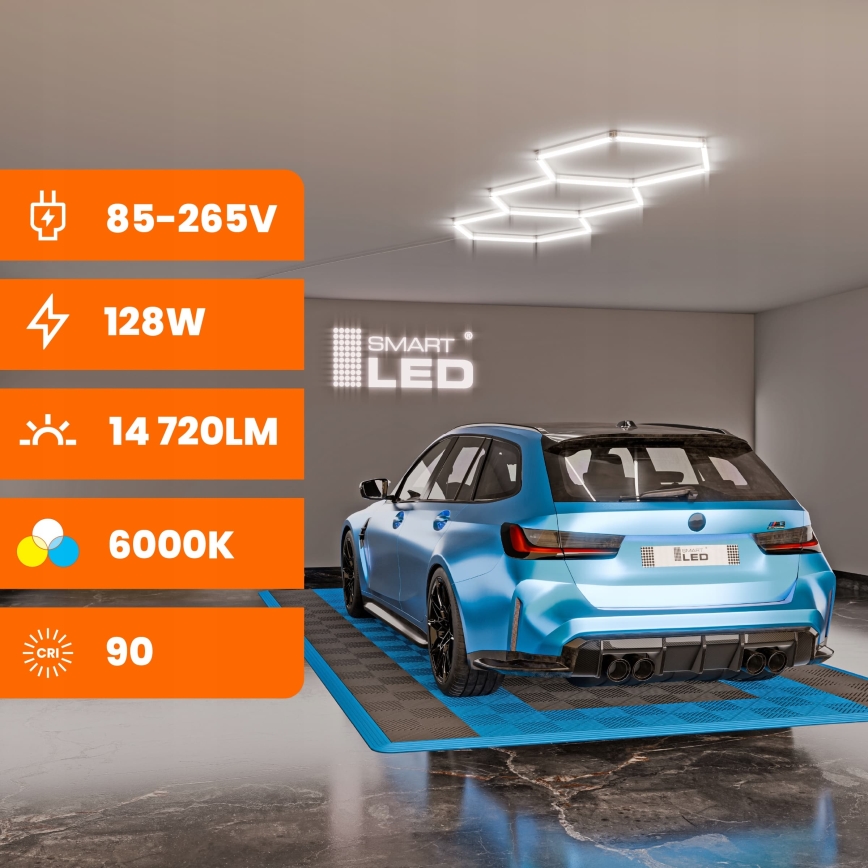 LED Φωτιστικό οροφής HEXAGON LED/128W/85-265V 6000K 248x97 cm CRI 90 IP54 λευκό
