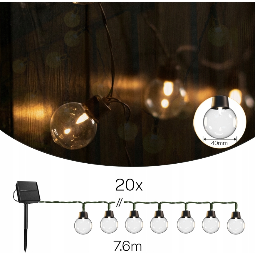 LED ηλιακή διακοσμητική γιρλάντα 20xLED/8 λειτουργίες 500 mAh 7,6 m IP67 θερμό λευκό