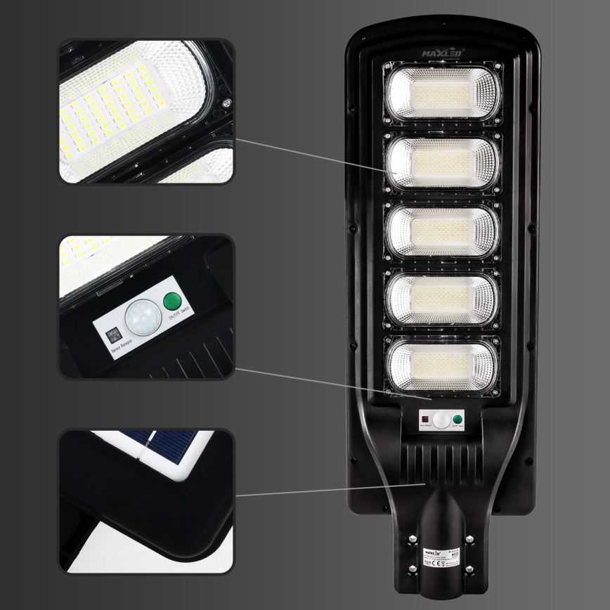 LED Dimmable ηλιακό φωτιστικό δρόμου με αισθητήρα LED/300W/6V 16500 mAh 6500K IP65 μαύρο + τηλεχειριστήριο