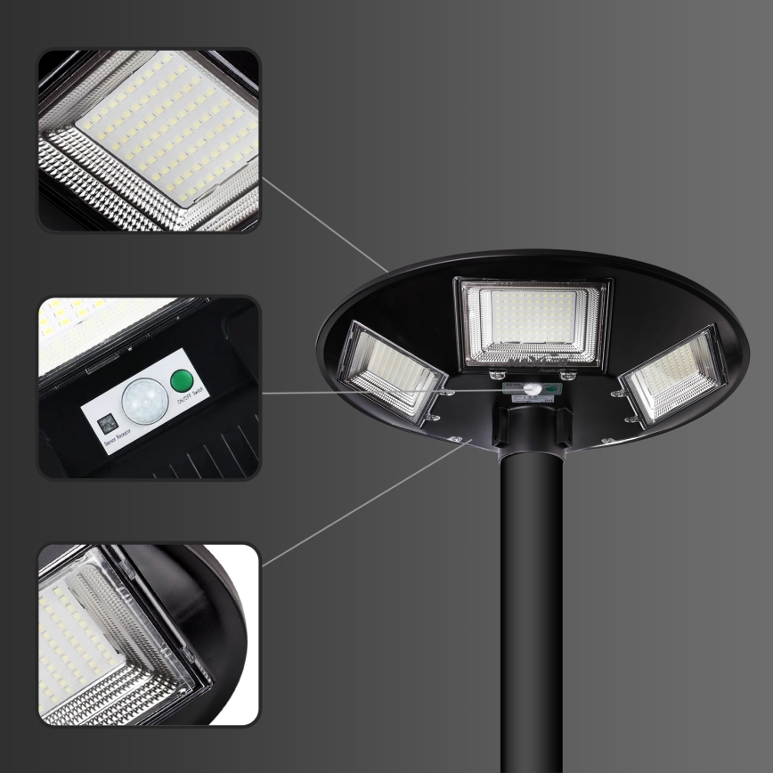 LED ρυθμιζόμενη ηλιακή λάμπα δρόμου με αισθητήρα LED/22W/6V 18000 mAh 6500K IP65 μαύρη + τηλεχειριστήριο