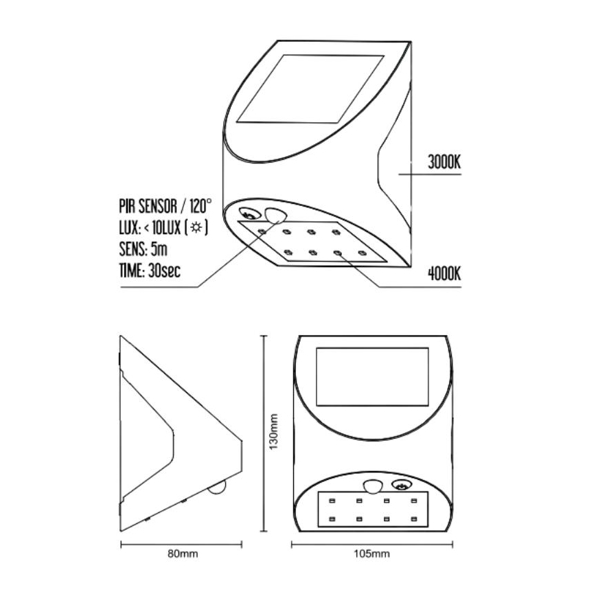 Ηλιακό LED επιτοίχιο φωτιστικό με αισθητήρα LED/3W/3,7V 3000/4000K 1200 mAh IP54 λευκό