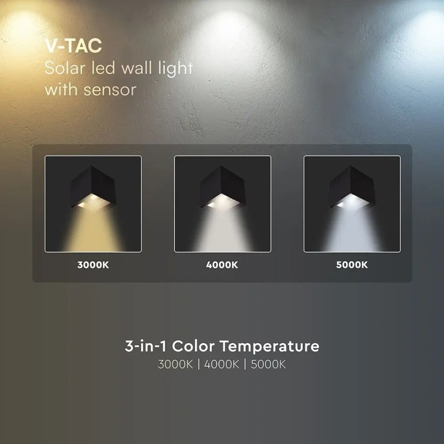 LED ηλιακό επιτοίχιο φωτιστικό με αισθητήρα LED/9W/3,7V 3000/4000/5000K IP65 2600 mAh μαύρο