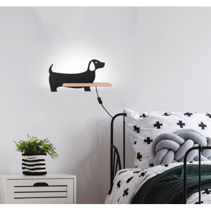 LED Παιδικό φωτιστικό τοίχου με ράφι DOG LED/5W/230V μαύρο/ξύλο,