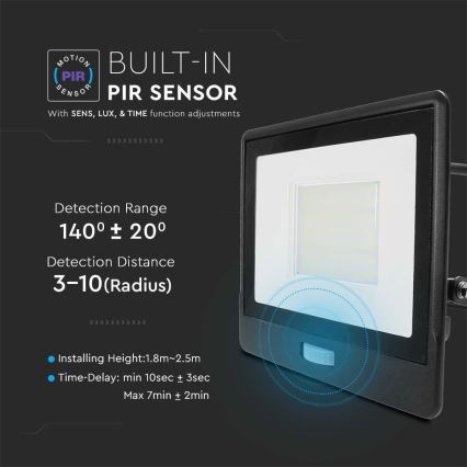 Προβολέας LED με αισθητήρα LED/50W/230V 6500K IP65 μαύρο