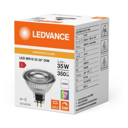 LED ρυθμιζόμενη αντανακλαστική λάμπα MR16 GU5,3/5,3W/12V 4000K 36° CRI 97 - Ledvance
