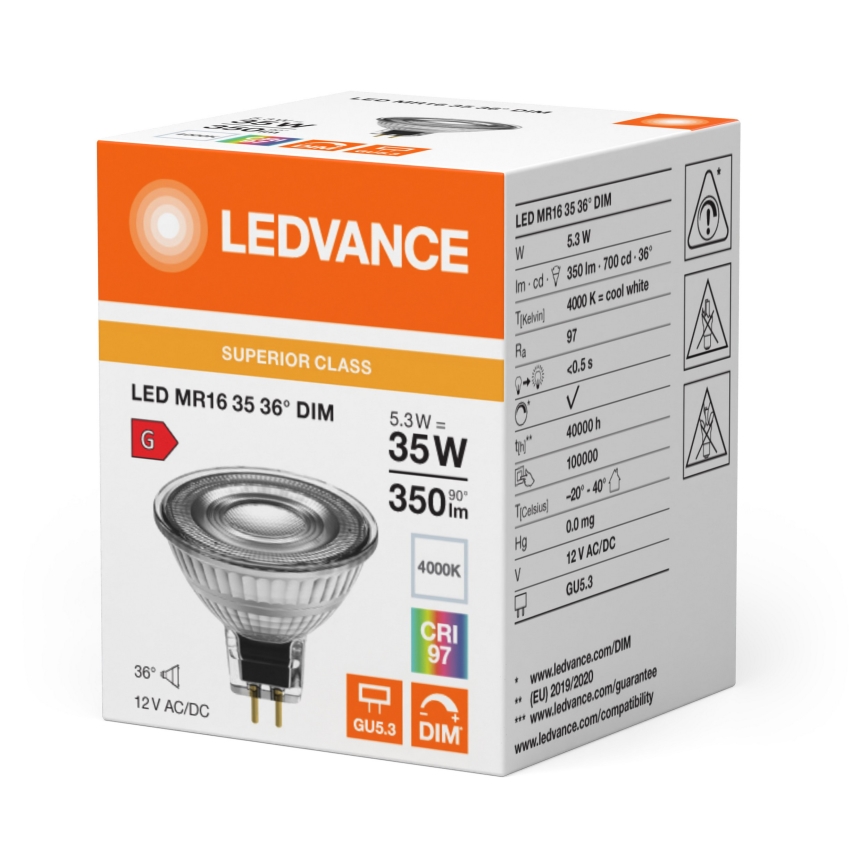 LED ρυθμιζόμενη αντανακλαστική λάμπα MR16 GU5,3/5,3W/12V 4000K 36° CRI 97 - Ledvance