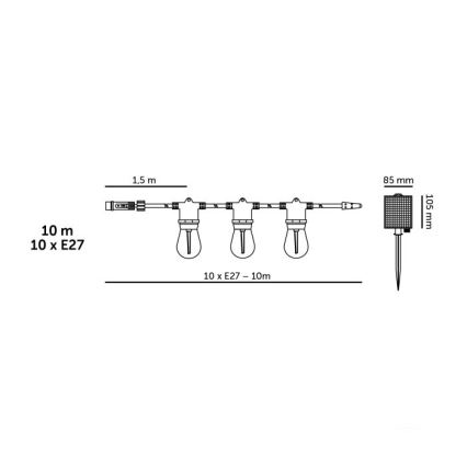 Ρυθμιζόμενη LED ηλιακή διακοσμητική γιρλάντα STARLIGHT NEO 10xE27/3,7V 2700K IP54 1200 mAh 11,5m + τηλεχειριστήριο