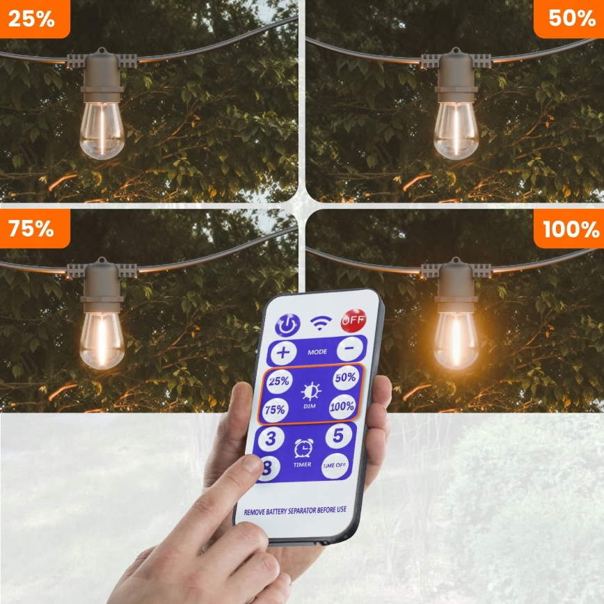 Ρυθμιζόμενη LED ηλιακή διακοσμητική γιρλάντα 20xE27/0,3W/3/5V USB 2400 mAh 20,62 m IP65 μαύρη + τηλεχειριστήριο