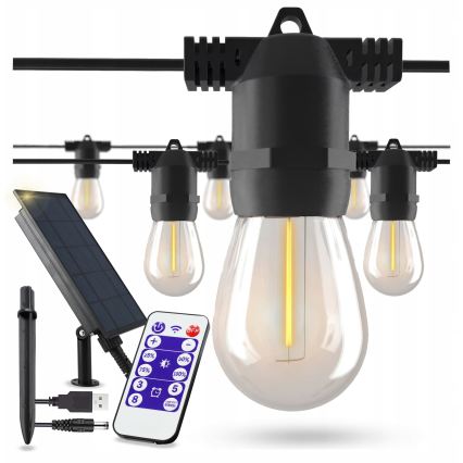 Ρυθμιζόμενη LED ηλιακή διακοσμητική γιρλάντα 20xE27/0,3W/3/5V USB 2400 mAh 20,62 m IP65 μαύρη + τηλεχειριστήριο