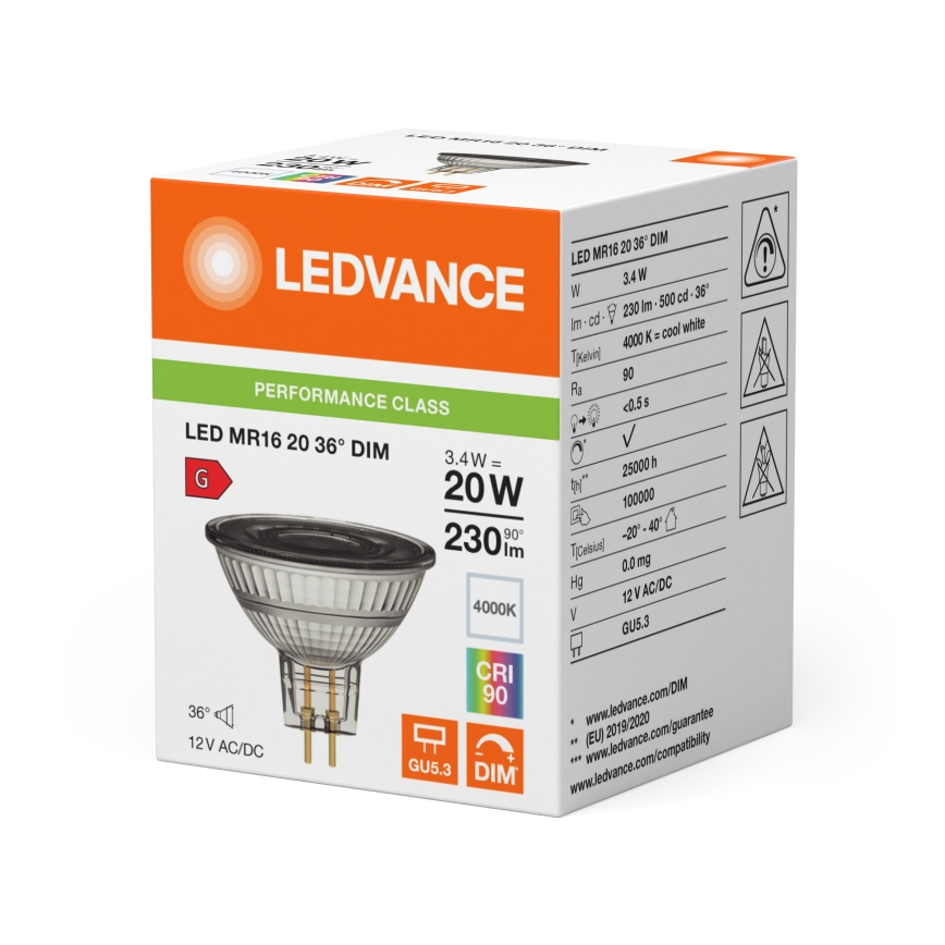 LED Ρυθμιζόμενη προβολική λάμπα MR16 GU5,3/3,4W/12V 4000K 36° CRI 90 - Ledvance