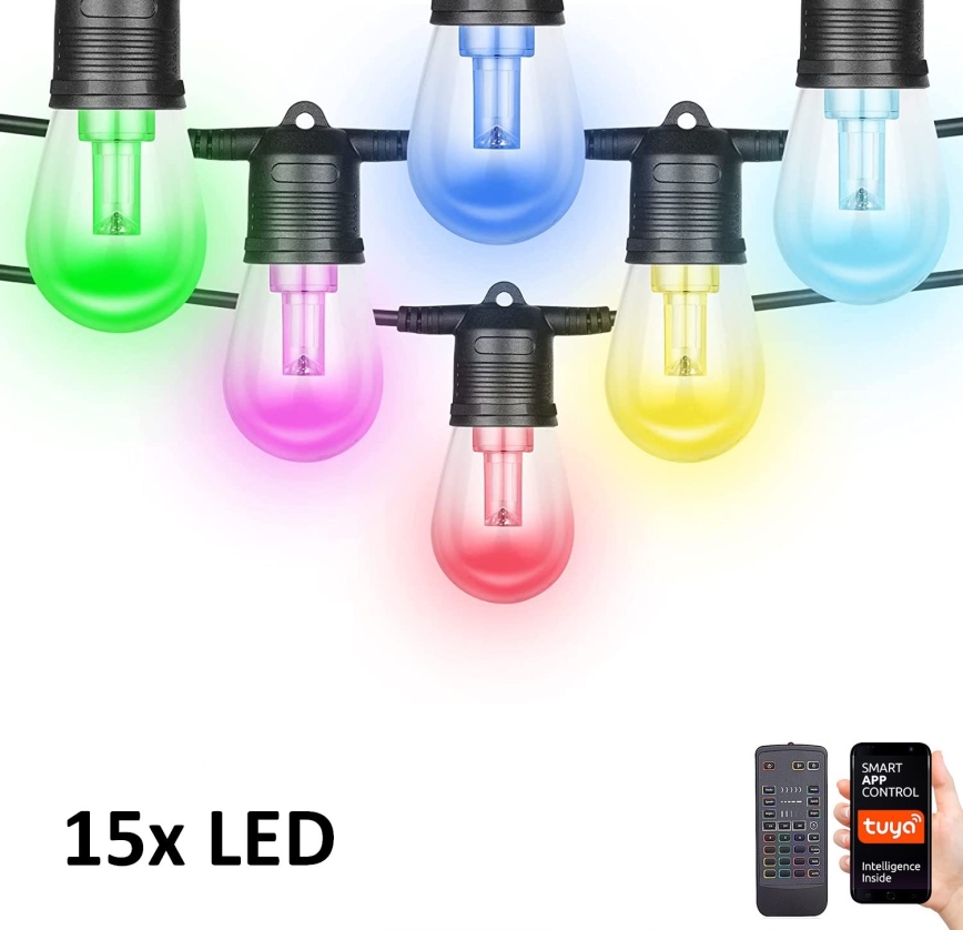 LED RGB+CCT Λαμπάκια ντιμαριζόμενα Εξωτερικού χώρου GARLAND 15xLED/1W/230V 15m Wi-Fi Tuya IP65 + τηλεχειριστήριο