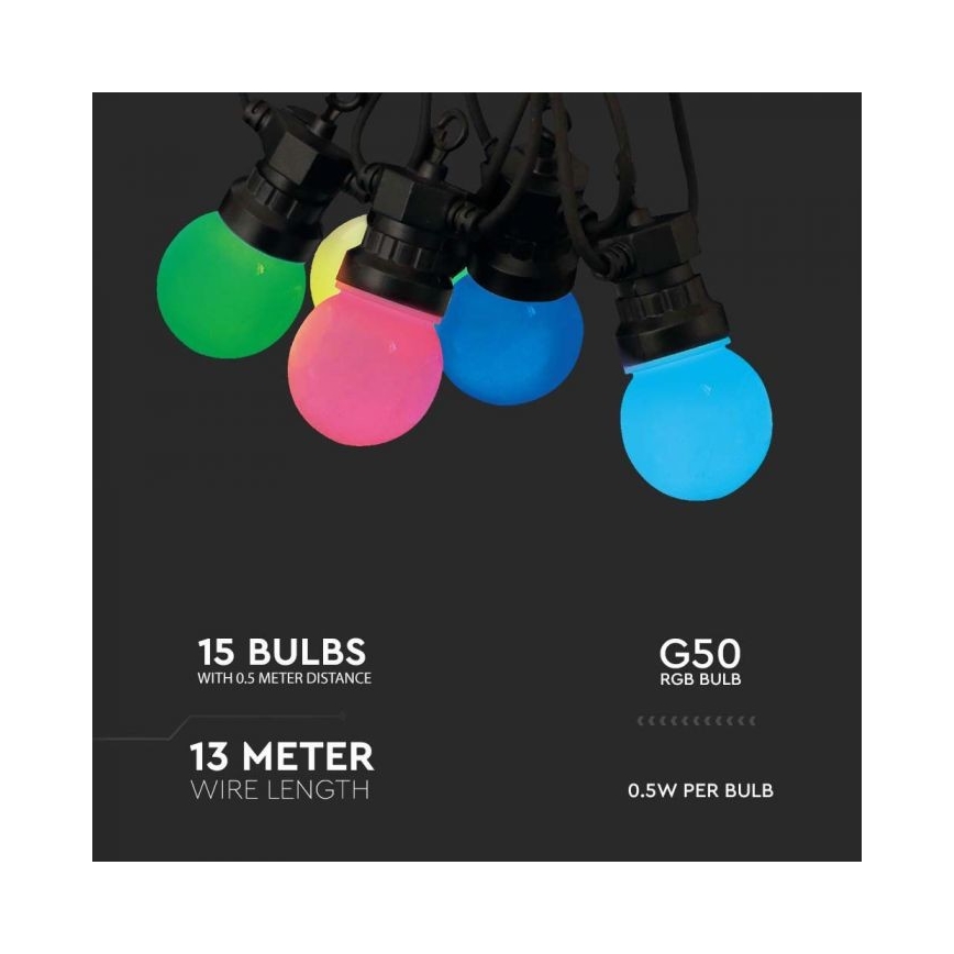 LED RGB Λαμπάκια εξωτερικού χώρου STRING 13 m 15xLED/0,5W/230V IP44 + τηλεχειριστήριο