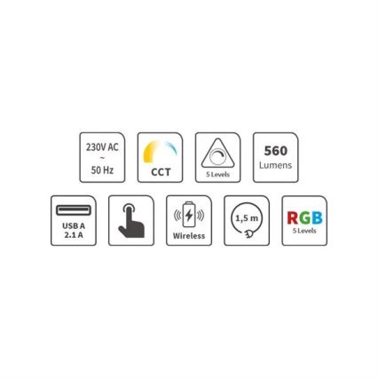 LED RGB Dimmable επαναφορτιζόμενο επιτραπέζιο φωτιστικό αφής με ασύρματη φόρτιση LED/7,5W/5V 2700-5300K λευκό