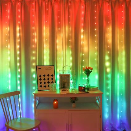 LED RGB Dimming Χριστουγεννιάτικα λαμπάκια κουρτίνα WIZARD 300xLED/USB 3x3m + τηλεχειριστήριο