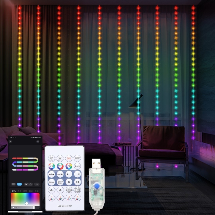 LED RGB Dimming Χριστουγεννιάτικα λαμπάκια κουρτίνα WIZARD 300xLED/USB 3x3m + τηλεχειριστήριο