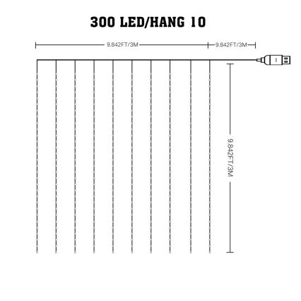 LED RGB Dimming Χριστουγεννιάτικα λαμπάκια κουρτίνα WIZARD 300xLED/USB 3x3m + τηλεχειριστήριο