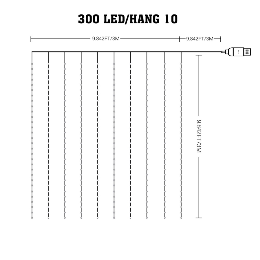 LED RGB Dimming Χριστουγεννιάτικα λαμπάκια κουρτίνα WIZARD 300xLED/USB 3x3m + τηλεχειριστήριο