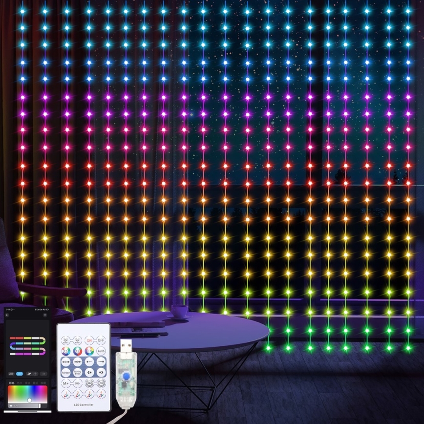 LED RGB Dimming Χριστουγεννιάτικα λαμπάκια κουρτίνα WIZARD 400xLED/USB 2x2m + τηλεχειριστήριο