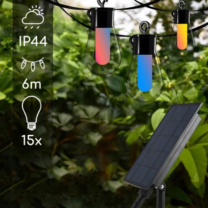 LED RGB ρυθμιζόμενη ηλιακή διακοσμητική αλυσίδα 15xLED/18 λειτουργίες USB 6 m IP44 μαύρη + τηλεχειριστήριο