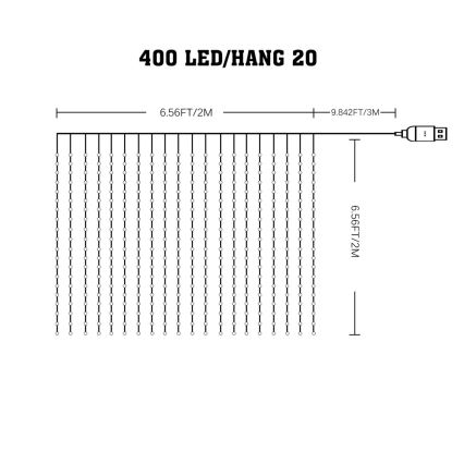 LED RGB ρυθμιζόμενη κουρτίνα WIZARD 400 LED/USB 2x2m + τηλεχειριστήριο