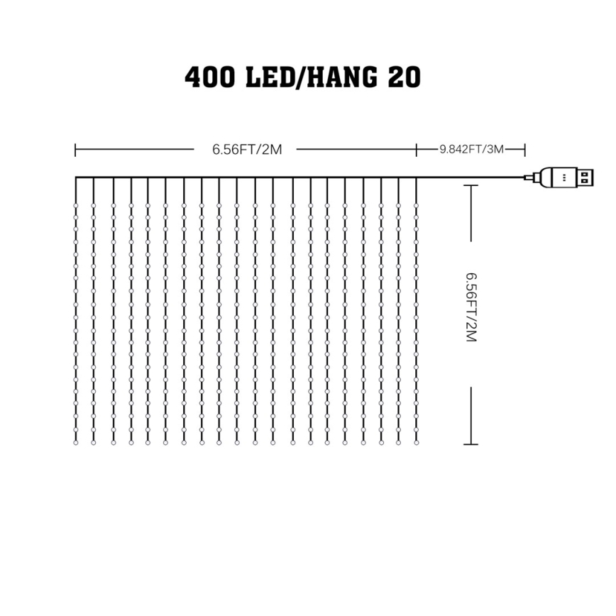 LED RGB ρυθμιζόμενη κουρτίνα WIZARD 400 LED/USB 2x2m + τηλεχειριστήριο