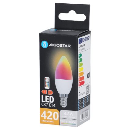 LED RGBW Λάμπα C37 E14/4,8W/230V 3000K + τηλεχειριστήριο - Aigostar