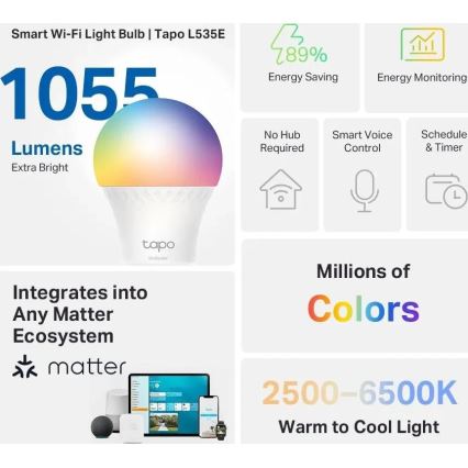 Ρυθμιζόμενος λαμπτήρας LED RGBW MATTER A60 E27/8,6W/230V 2500-6500K Wi-Fi - TP-Link