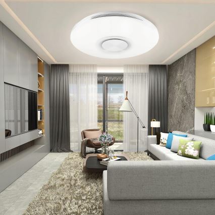 LED RGBW ρυθμιζόμενο φωτιστικό οροφής με ενσωματωμένο ηχείο, LED 60W/230V, 3000–6000K, Ø 40 cm, λευκό + τηλεχειριστήριο