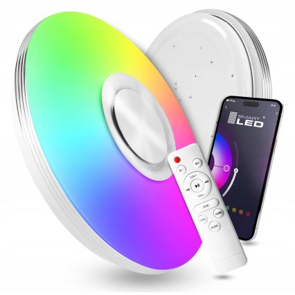 LED RGBW ρυθμιζόμενο φωτιστικό οροφής με ενσωματωμένο ηχείο, LED 60W/230V, 3000–6000K, Ø 40 cm, λευκό + τηλεχειριστήριο
