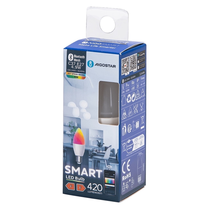 Λάμπα LED RGBW Dimmable C37 E27/4,9W/230V 2700-6500K - Aigostar