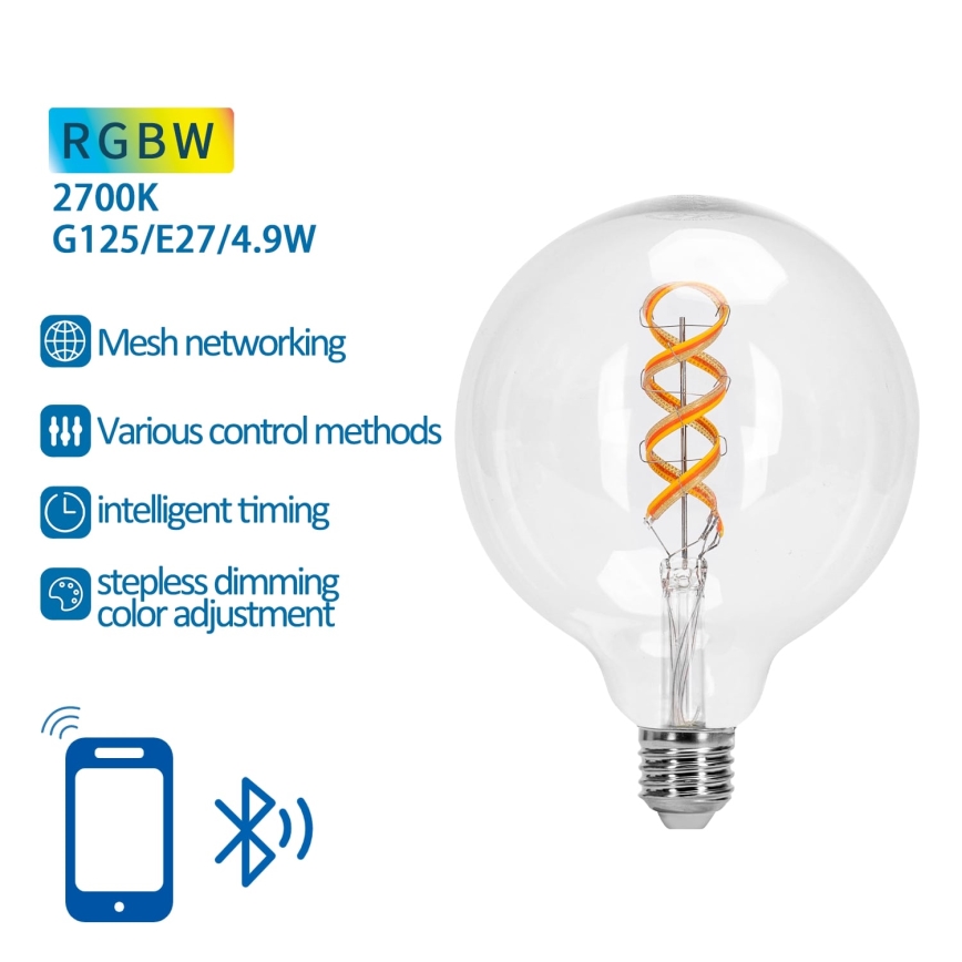 Λάμπα LED RGBW Dimmable FILAMENT MESH Smart G125 E27/4,9W/230V 2700K - Aigostar